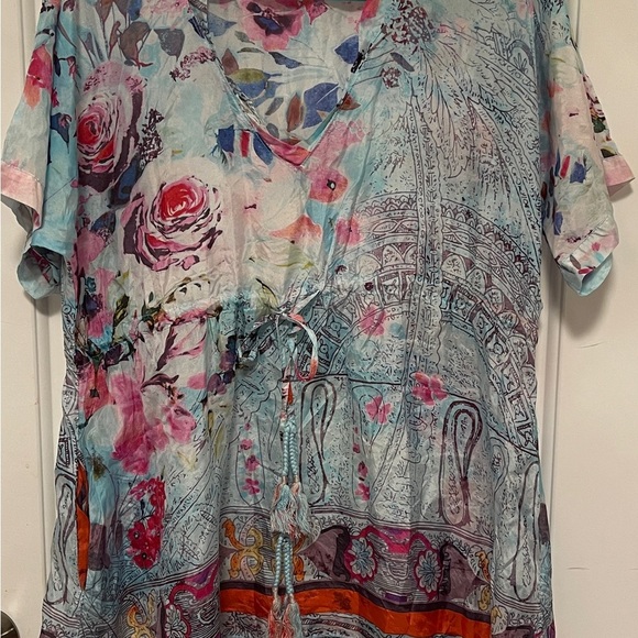 Johnny Was Oversized Flowy Tunic Watercolor Floral Silk Boho Chic Artsy Medium - Picture 2 of 8